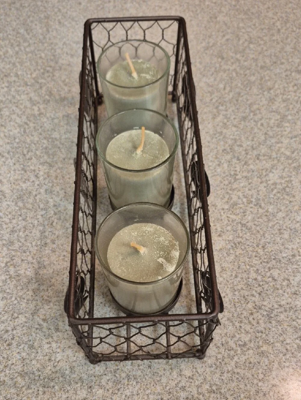 Rustic Metal Wire Votive Light Holder with Green Candles And Fish Charms